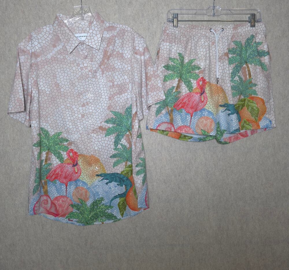 MAVRANS Mosaic Flamingo & Alligator Cabana Set | Shirt & Swim Trunks (Large)
